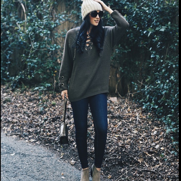 Black Lace Up Knit Oversized Sweater - Picture 2 of 8